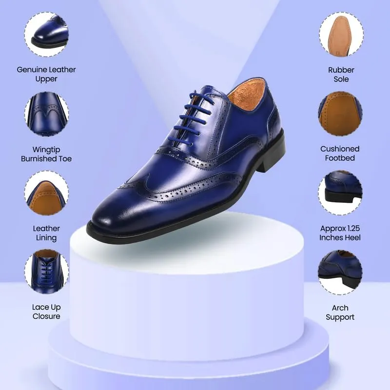LIBERTYZENO Mens Plain & Animal Print Blue Genuine Leather Adults Lace Up Oxford Dress Shoes for Prom Graduation