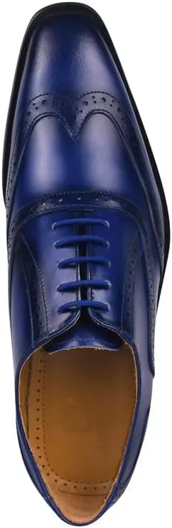 LIBERTYZENO Mens Plain & Animal Print Blue Genuine Leather Adults Lace Up Oxford Dress Shoes for Prom Graduation