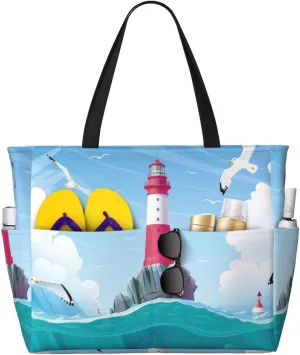 Lighthouse Sea Port Large Beach Tote Bag for Women Extra Large Capacity Waterproof Sandproof Pool Bag Suitable for Gym Swimming Pool Travel Groceries