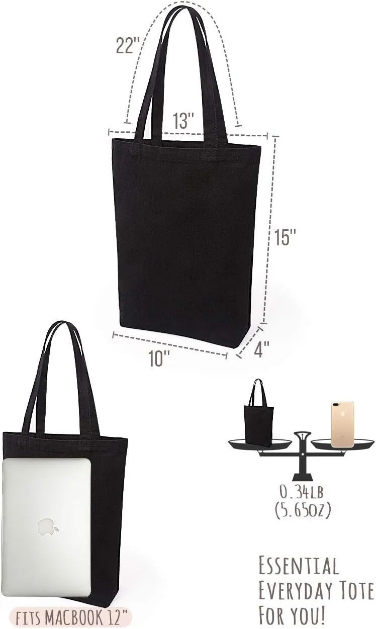 Lily queen Natural Canvas Tote Bags DIY Reusable Shopping Grocery Bag (Black - 12 Pack)