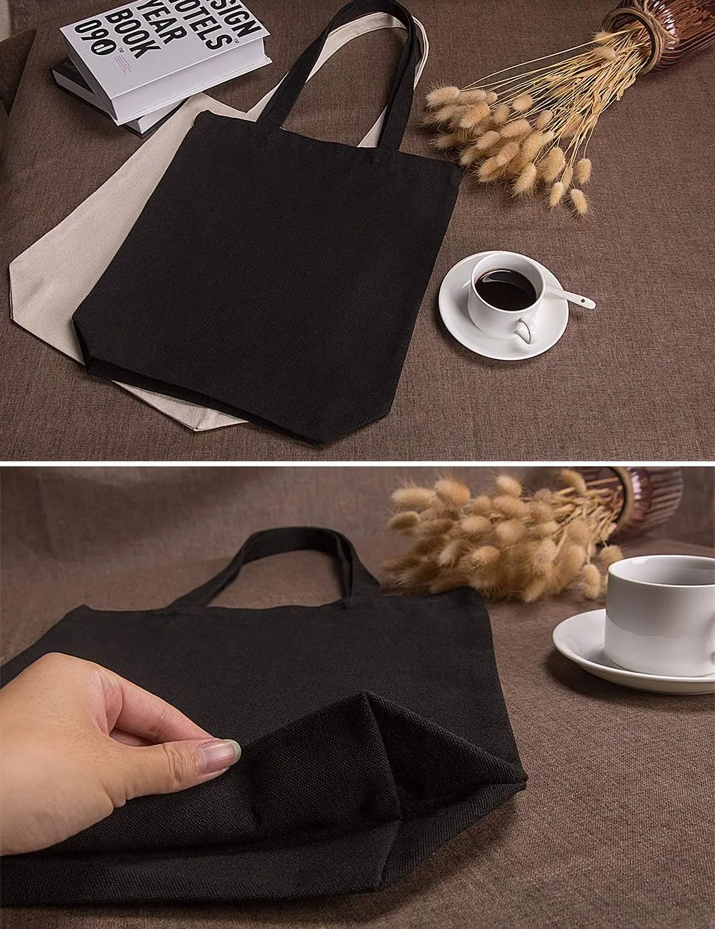 Lily queen Natural Canvas Tote Bags DIY Reusable Shopping Grocery Bag (Black - 12 Pack)