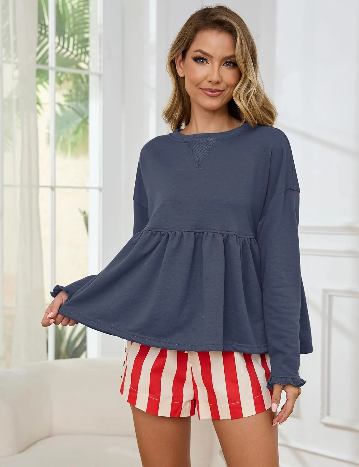 Livtany Women's Cute Babydoll Sweatshirt Crew Neck Long Sleeve Drop Shoulder Pullover Tops Trendy Flowy Peplum Hem Shirt
