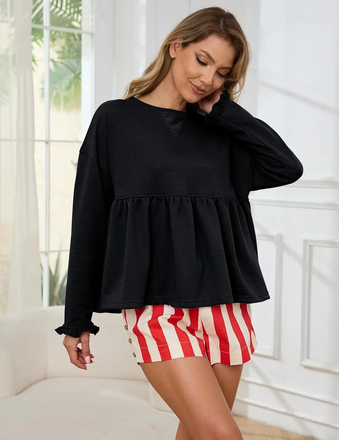 Livtany Women's Cute Babydoll Sweatshirt Crew Neck Long Sleeve Drop Shoulder Pullover Tops Trendy Flowy Peplum Hem Shirt