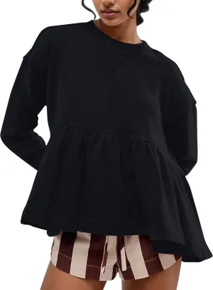 Livtany Women's Cute Babydoll Sweatshirt Crew Neck Long Sleeve Drop Shoulder Pullover Tops Trendy Flowy Peplum Hem Shirt