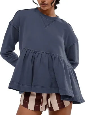Livtany Women's Cute Babydoll Sweatshirt Crew Neck Long Sleeve Drop Shoulder Pullover Tops Trendy Flowy Peplum Hem Shirt