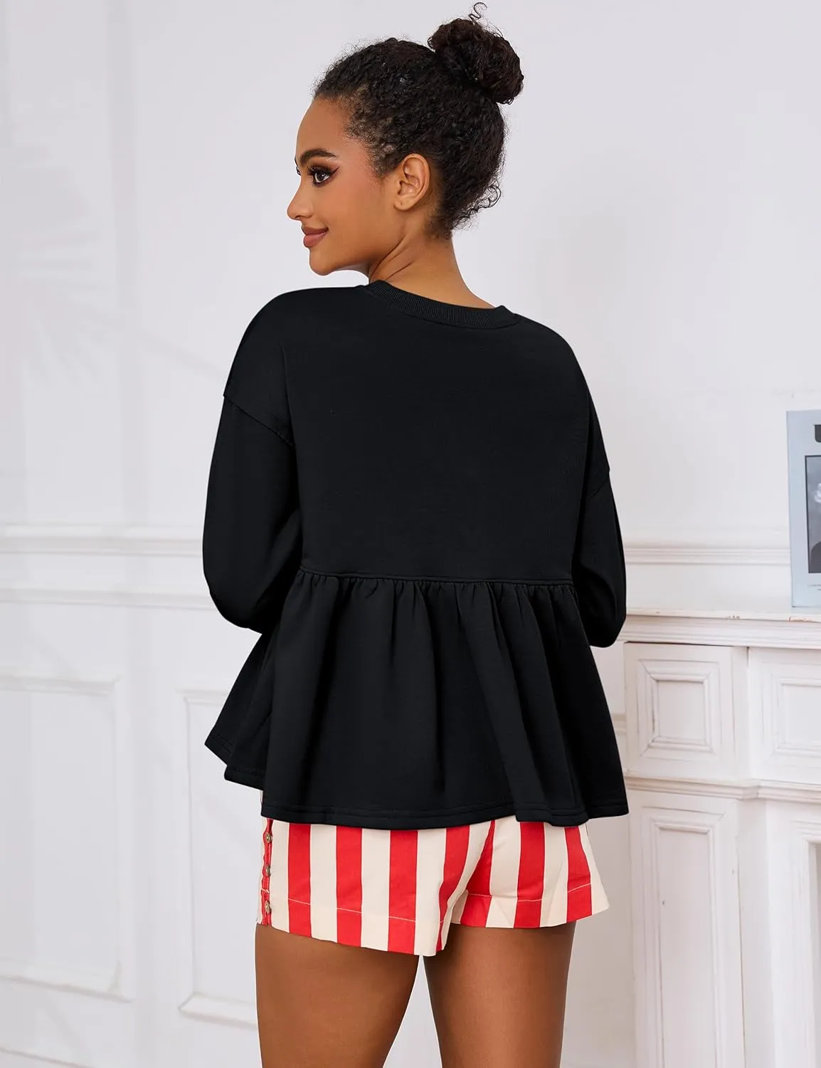Livtany Women's Cute Babydoll Sweatshirt Crew Neck Long Sleeve Drop Shoulder Pullover Tops Trendy Flowy Peplum Hem Shirt