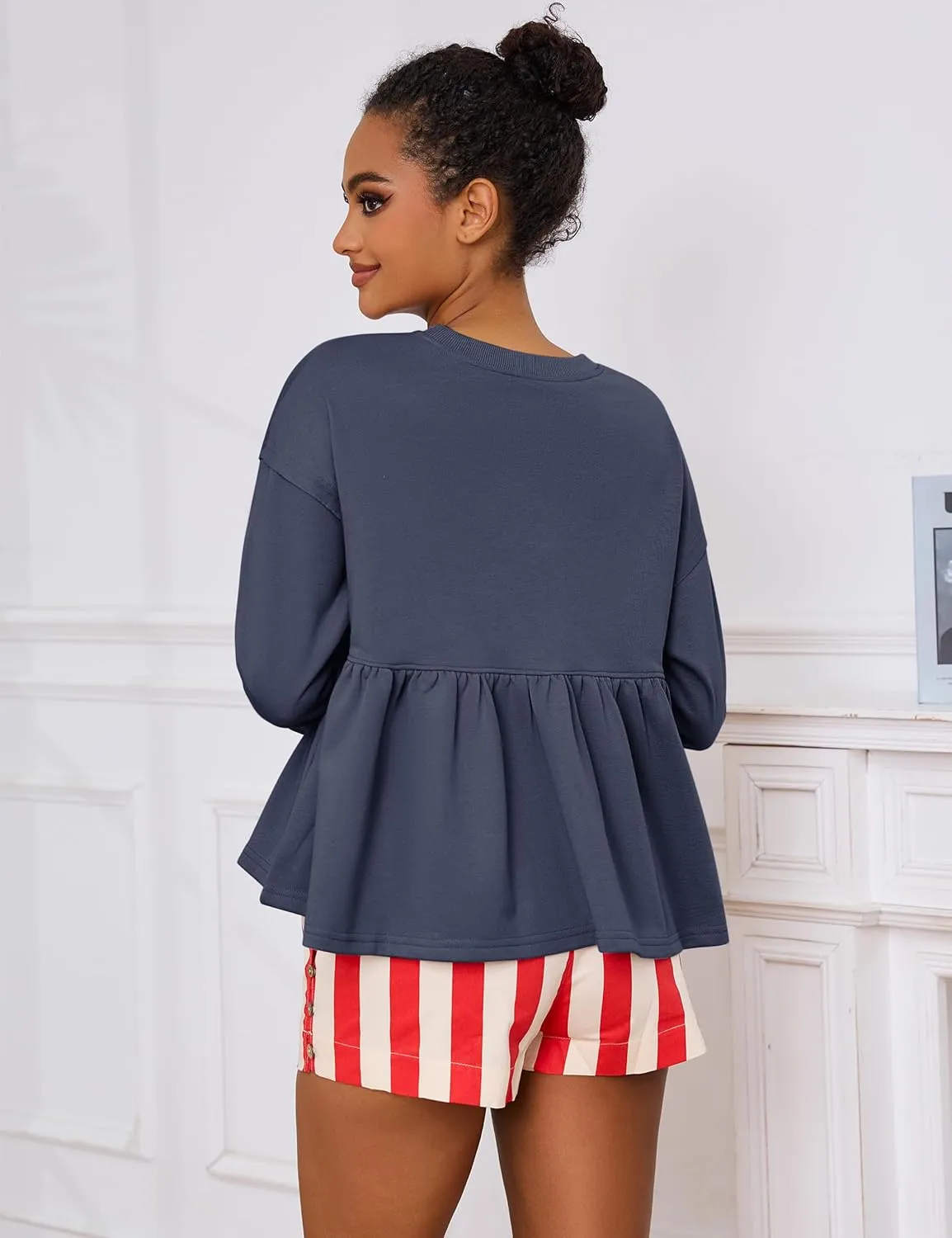 Livtany Women's Cute Babydoll Sweatshirt Crew Neck Long Sleeve Drop Shoulder Pullover Tops Trendy Flowy Peplum Hem Shirt