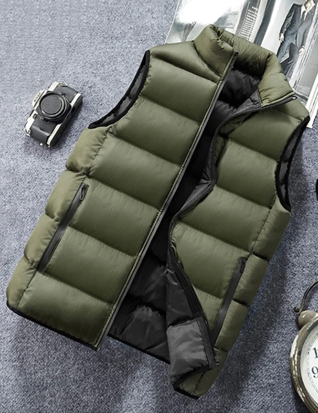Locachy Men's Outdoor Casual Full Zipper Stand Collar Padded Vest Coats Sleeveless Jacket