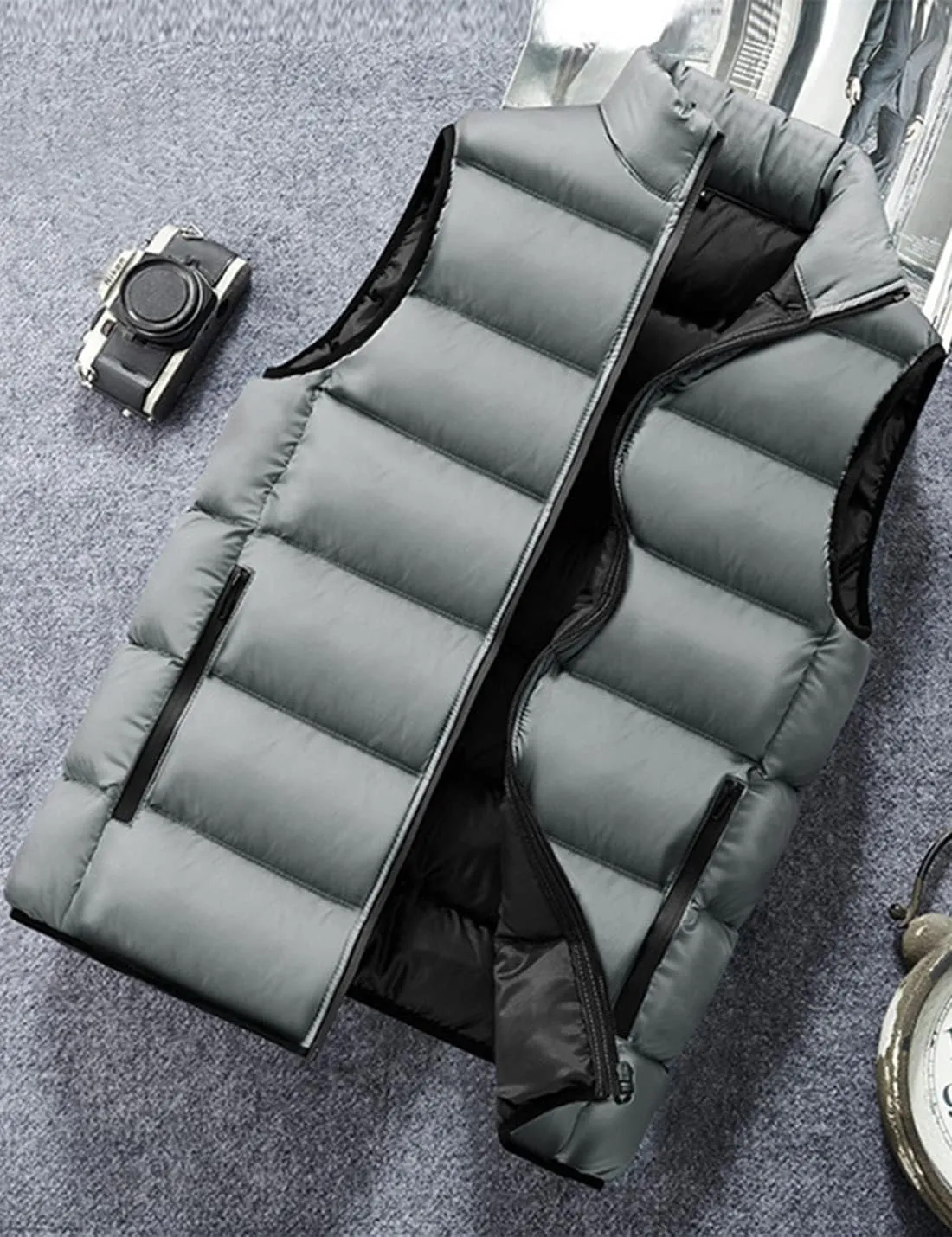 Locachy Men's Outdoor Casual Full Zipper Stand Collar Padded Vest Coats Sleeveless Jacket