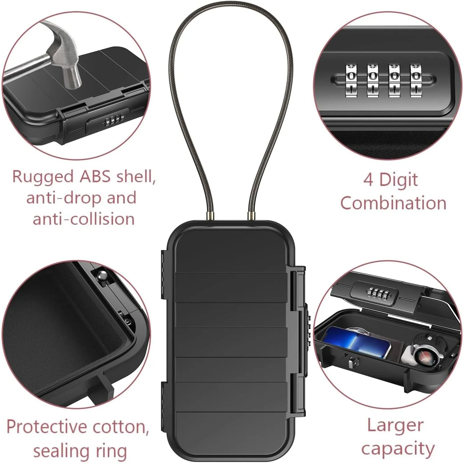 LOFICOPER Portable Safe Lock Box, 4 Digit Security Case, Beach Safe Box with Removable Chain, Waterproof Design, for Sports, Beach, Travel, Black