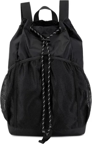 Lohol Lightweight Nylon Drawstring Backpack with Mesh Pockets for Women Men, Water Resistant String Bag for Sports Beach Swimming Camp Travel (Black)