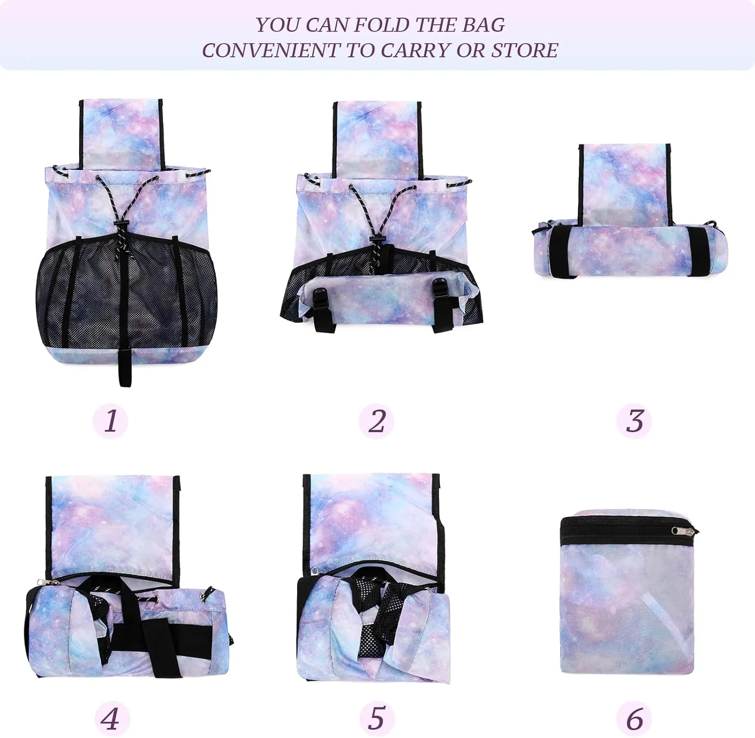 Lohol Lightweight Nylon Drawstring Backpack with Mesh Pockets for Women Men, Water Resistant String Bag for Sports Beach Swimming Camp Travel (Black)