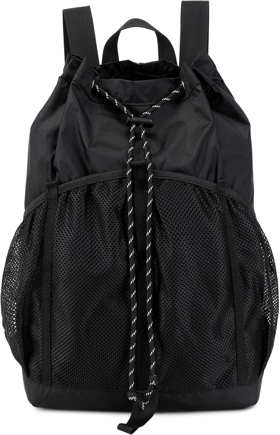 Lohol Lightweight Nylon Drawstring Backpack with Mesh Pockets for Women Men, Water Resistant String Bag for Sports Beach Swimming Camp Travel (Black)