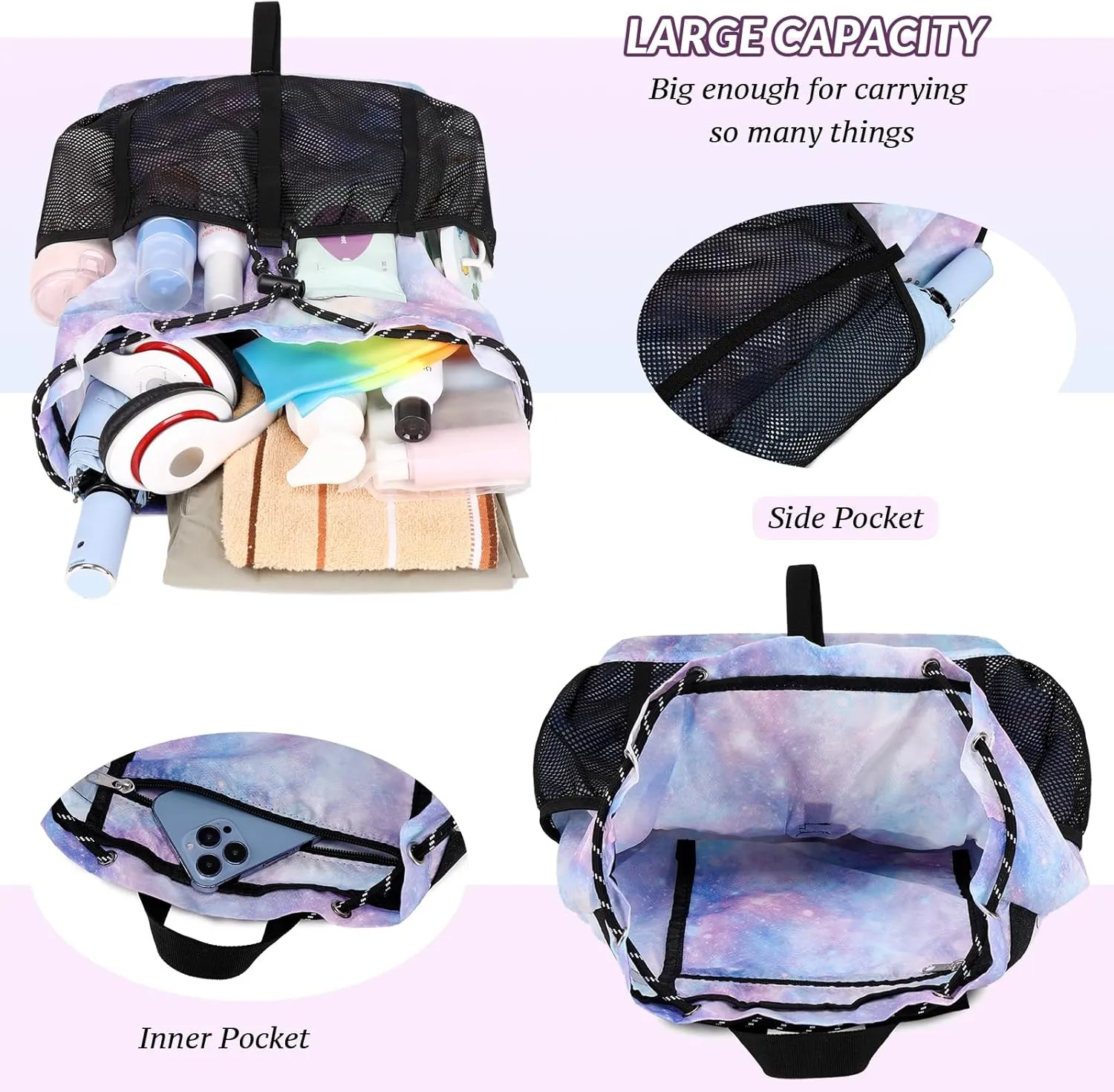 Lohol Lightweight Nylon Drawstring Backpack with Mesh Pockets for Women Men, Water Resistant String Bag for Sports Beach Swimming Camp Travel (Black)