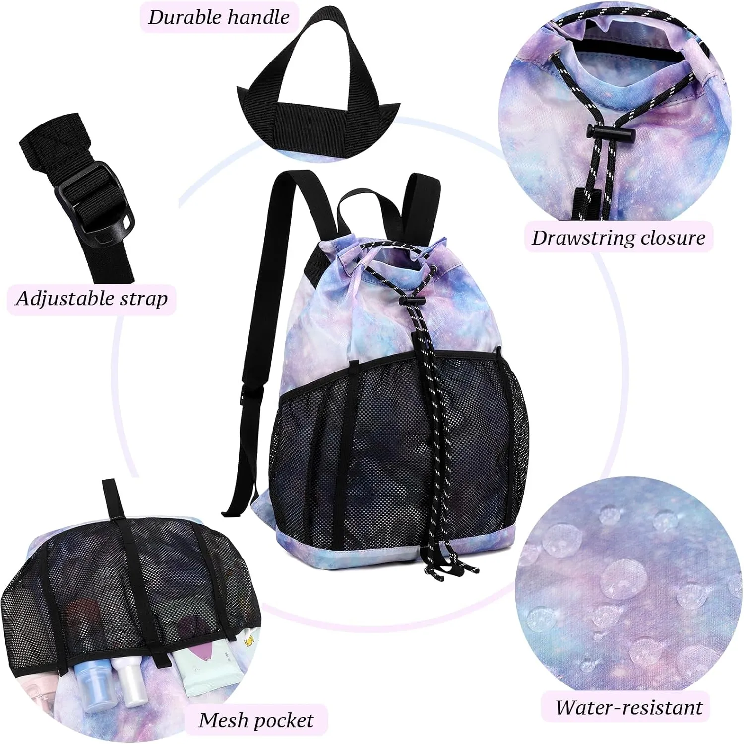 Lohol Lightweight Nylon Drawstring Backpack with Mesh Pockets for Women Men, Water Resistant String Bag for Sports Beach Swimming Camp Travel (Black)