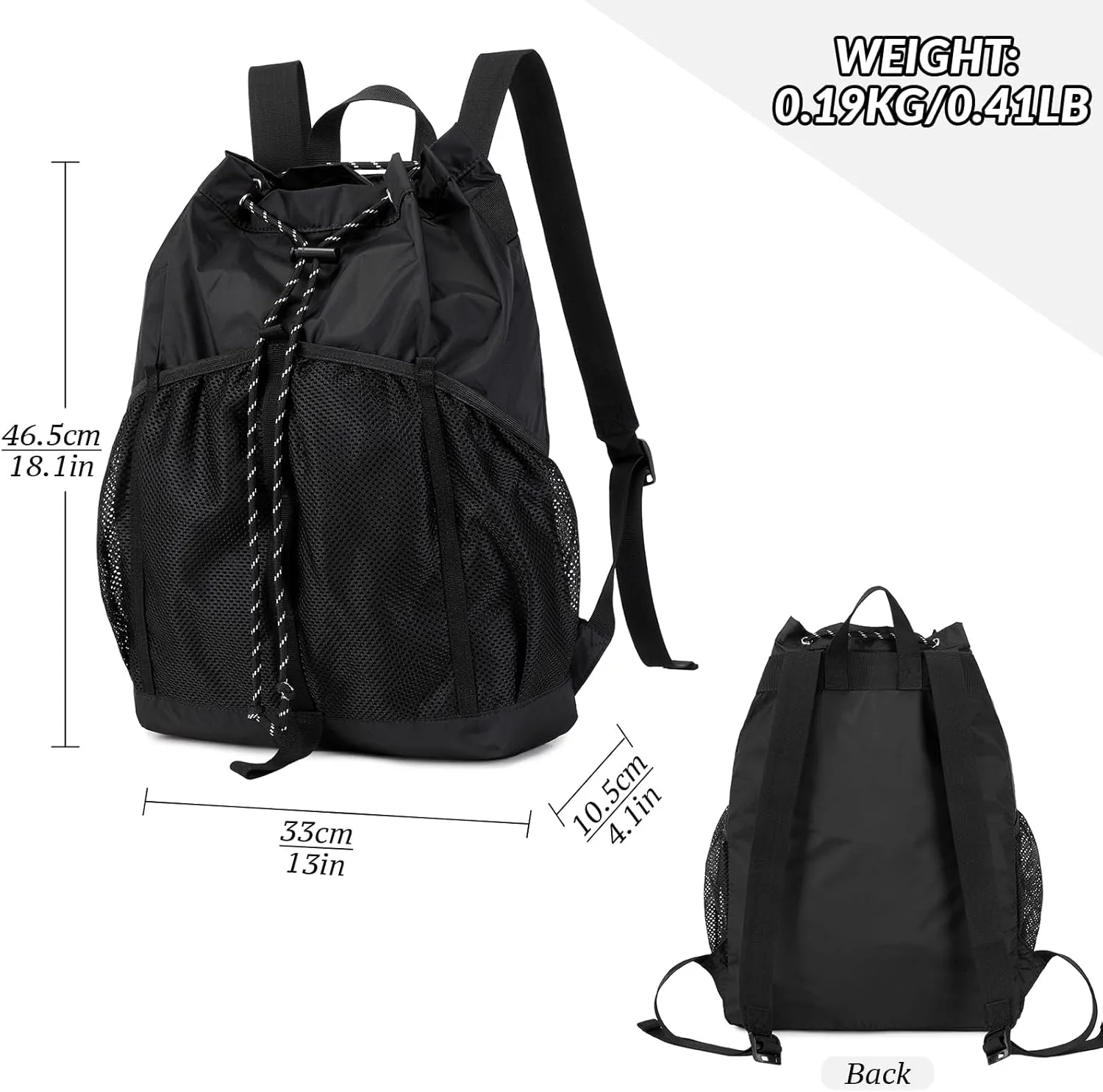 Lohol Lightweight Nylon Drawstring Backpack with Mesh Pockets for Women Men, Water Resistant String Bag for Sports Beach Swimming Camp Travel (Black)