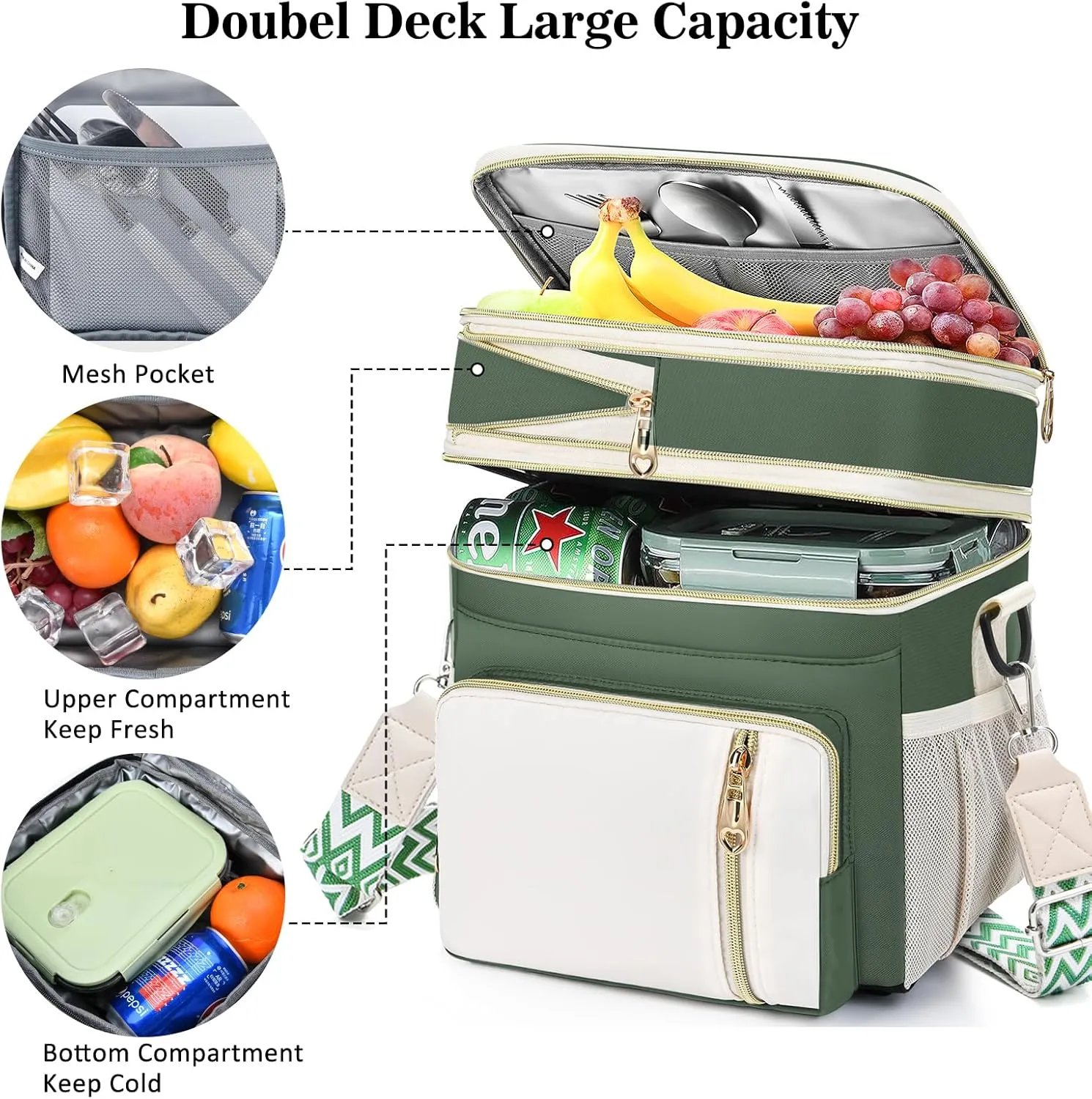 LOKASS Lunch Box for Women/Men-16L-Insulated Lunch Bag, Expandable Double-layer Leakproof Cooler Bag with Upgrade Adjustable Shoulder Strap Ideal for Work/Travel/Picnics（Army Green）