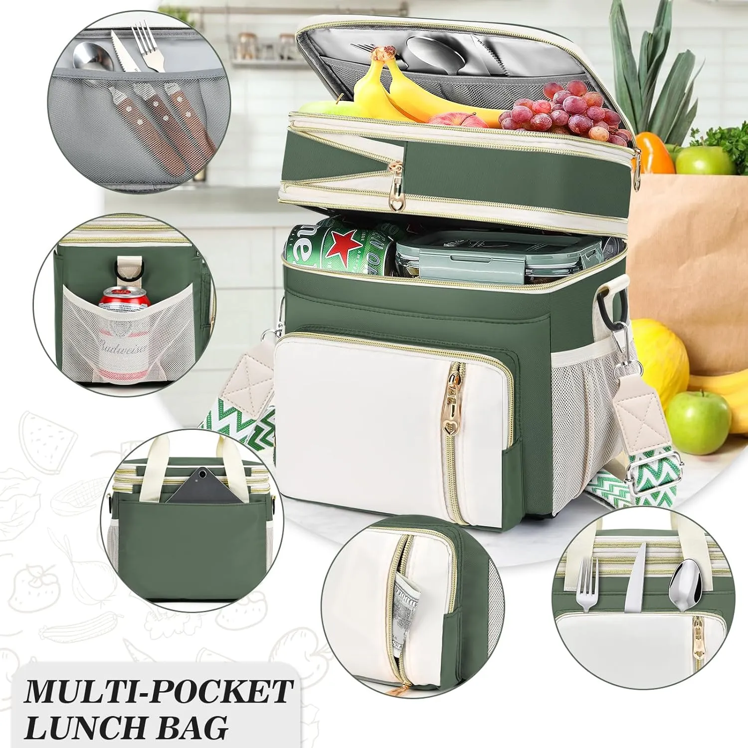 LOKASS Lunch Box for Women/Men-16L-Insulated Lunch Bag, Expandable Double-layer Leakproof Cooler Bag with Upgrade Adjustable Shoulder Strap Ideal for Work/Travel/Picnics（Army Green）