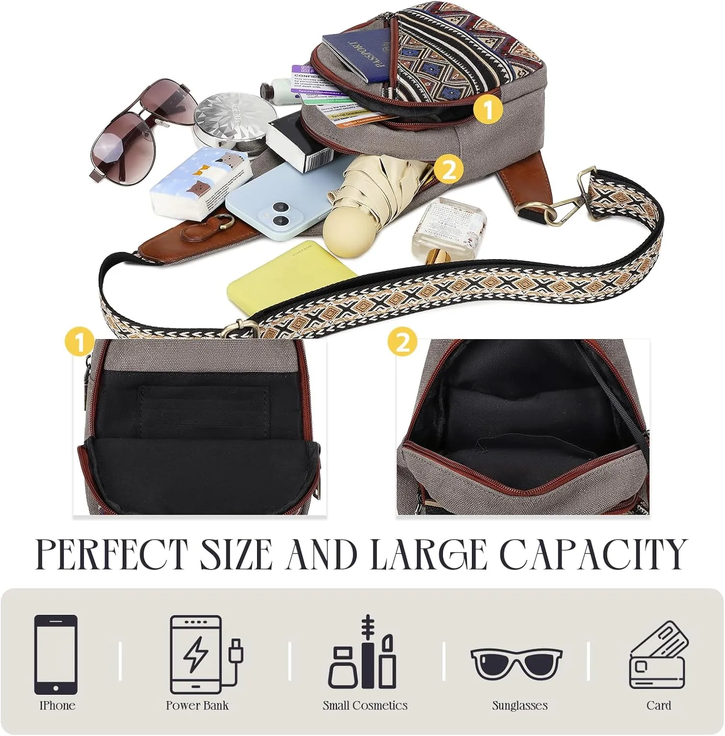 Love Deliver Small Sling Bag, Canvas Crossbody Boho Sling Backpack ─ Detachable Strap