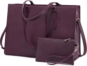 LOVEVOOK 17.3-inch Laptop Bag for Women, Large Capacity Travel Tote Bag with Clutch Purse 2PCs Set, Professional Business Computer Work Bag, Leather Shoulder Briefcase for Office Lady, Deep Plum
