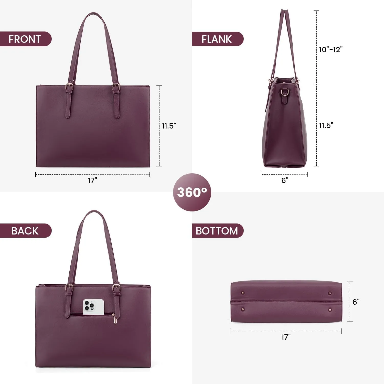 LOVEVOOK 17.3-inch Laptop Bag for Women, Large Capacity Travel Tote Bag with Clutch Purse 2PCs Set, Professional Business Computer Work Bag, Leather Shoulder Briefcase for Office Lady, Deep Plum