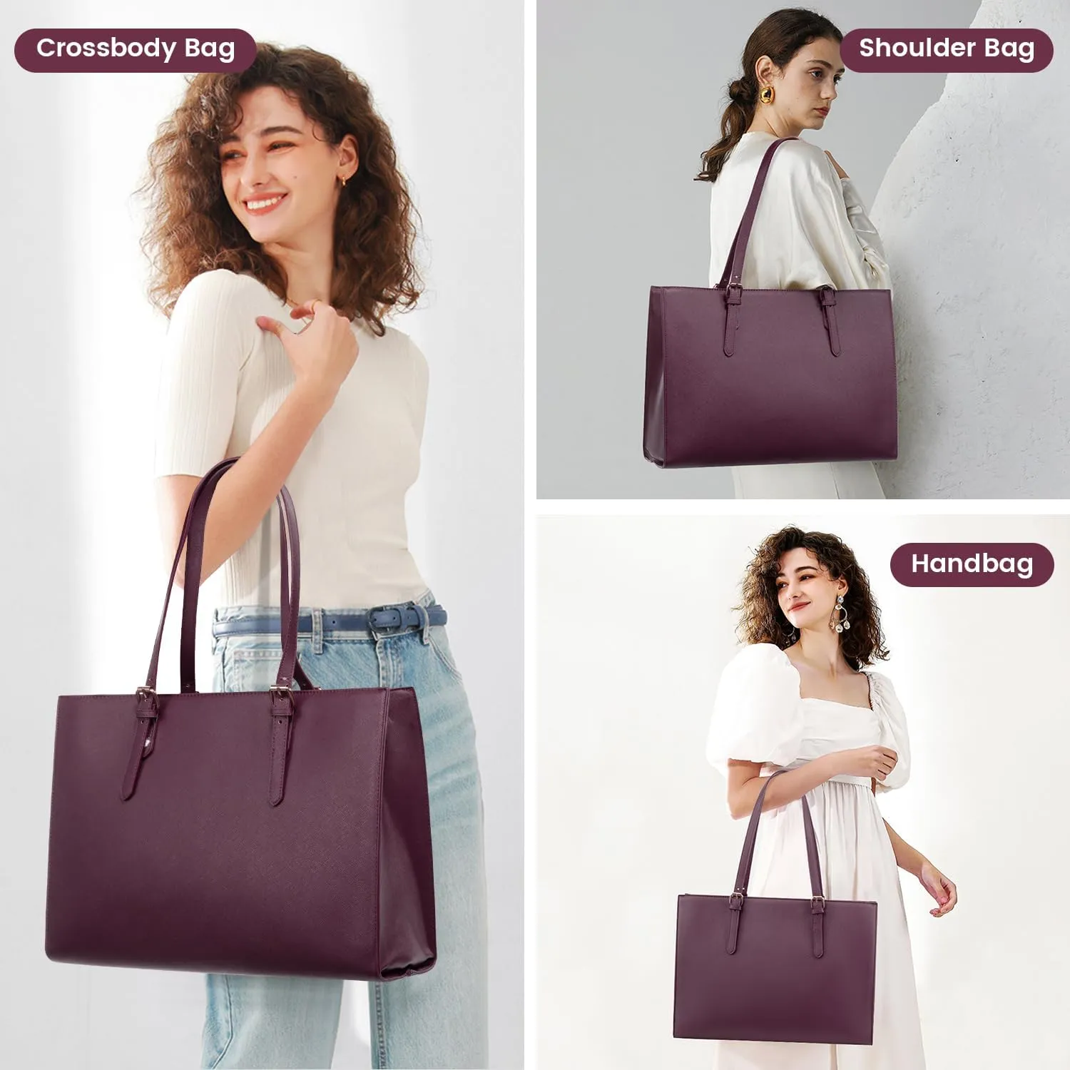 LOVEVOOK 17.3-inch Laptop Bag for Women, Large Capacity Travel Tote Bag with Clutch Purse 2PCs Set, Professional Business Computer Work Bag, Leather Shoulder Briefcase for Office Lady, Deep Plum