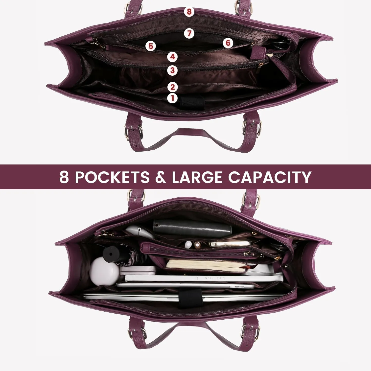 LOVEVOOK 17.3-inch Laptop Bag for Women, Large Capacity Travel Tote Bag with Clutch Purse 2PCs Set, Professional Business Computer Work Bag, Leather Shoulder Briefcase for Office Lady, Deep Plum