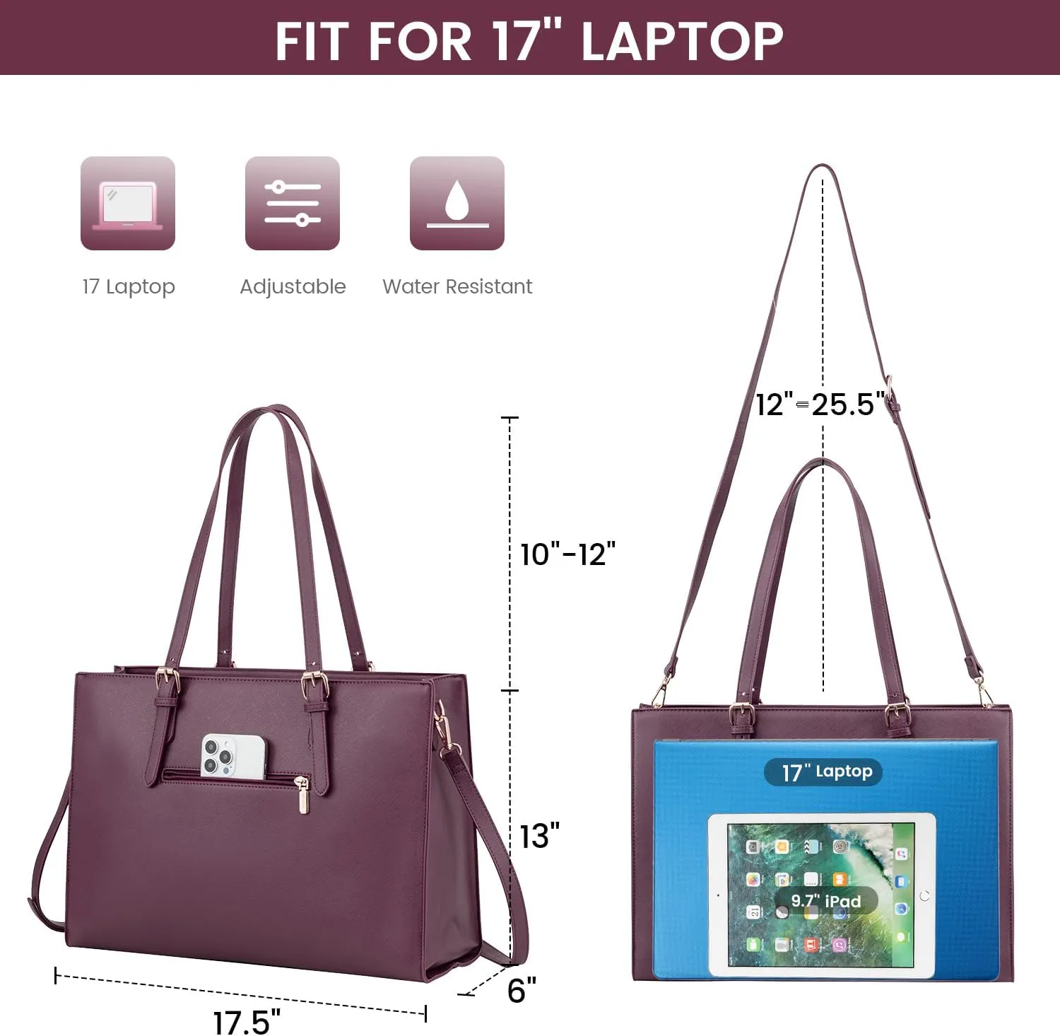 LOVEVOOK 17.3-inch Laptop Bag for Women, Large Capacity Travel Tote Bag with Clutch Purse 2PCs Set, Professional Business Computer Work Bag, Leather Shoulder Briefcase for Office Lady, Deep Plum