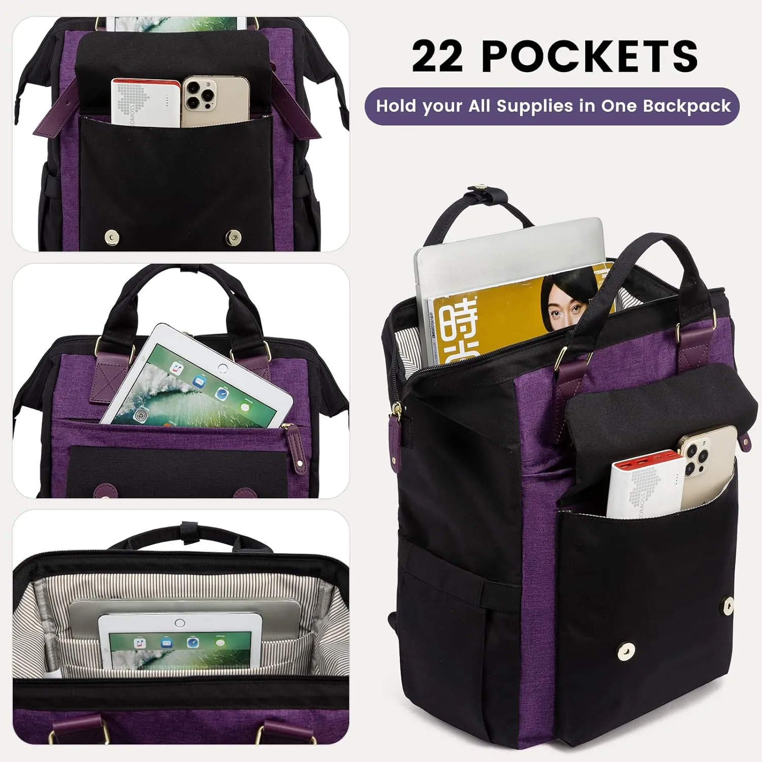 LOVEVOOK Backpack for Women, Teacher Work Bag Laptop Backpack, Nurse Bags Business Laptop Bag, College Backpack Purse, Travel Back Pack, 15.6 Inch, Black-Purple