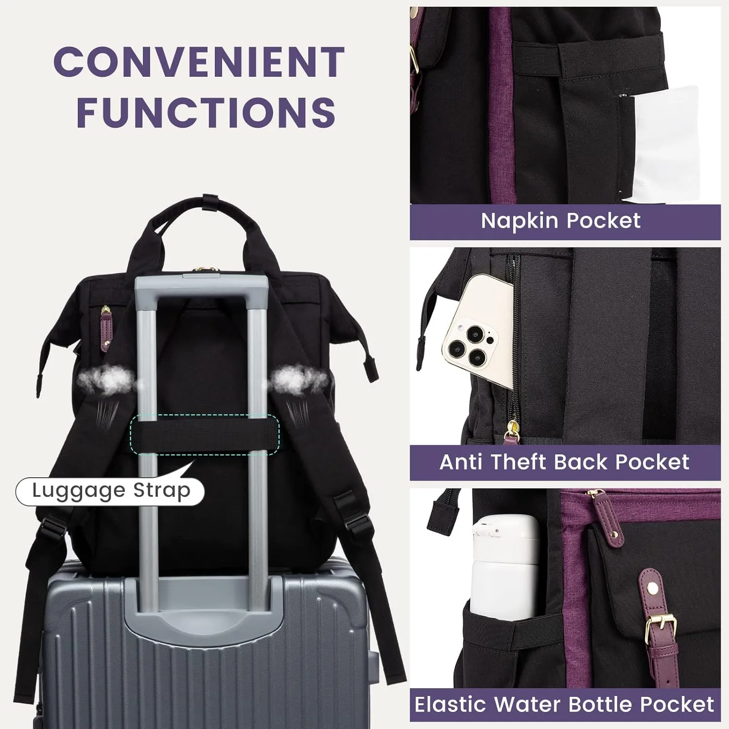 LOVEVOOK Backpack for Women, Teacher Work Bag Laptop Backpack, Nurse Bags Business Laptop Bag, College Backpack Purse, Travel Back Pack, 15.6 Inch, Black-Purple