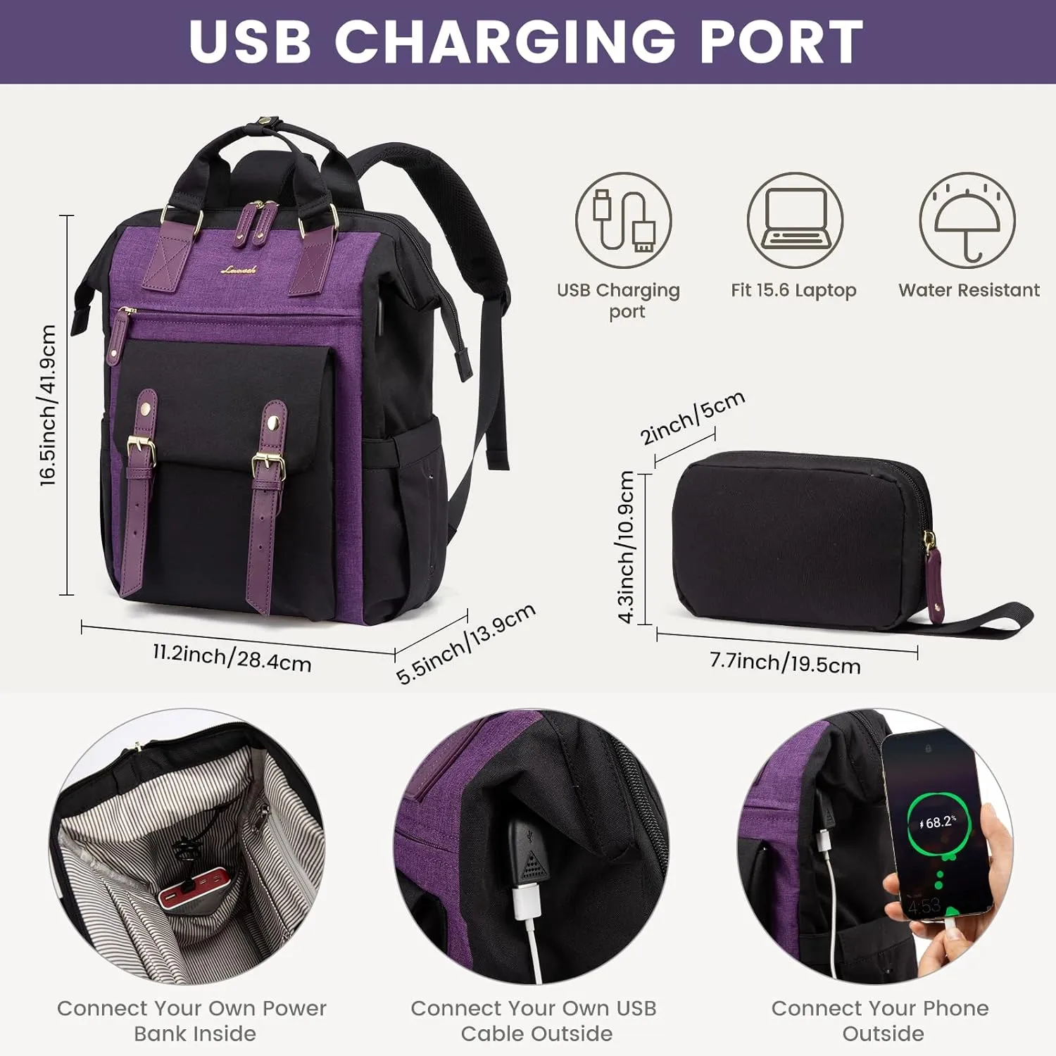 LOVEVOOK Backpack for Women, Teacher Work Bag Laptop Backpack, Nurse Bags Business Laptop Bag, College Backpack Purse, Travel Back Pack, 15.6 Inch, Black-Purple