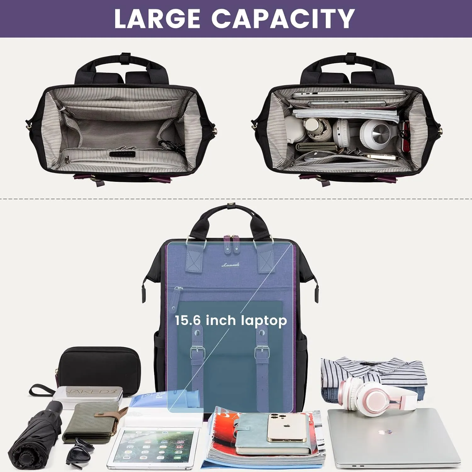 LOVEVOOK Backpack for Women, Teacher Work Bag Laptop Backpack, Nurse Bags Business Laptop Bag, College Backpack Purse, Travel Back Pack, 15.6 Inch, Black-Purple