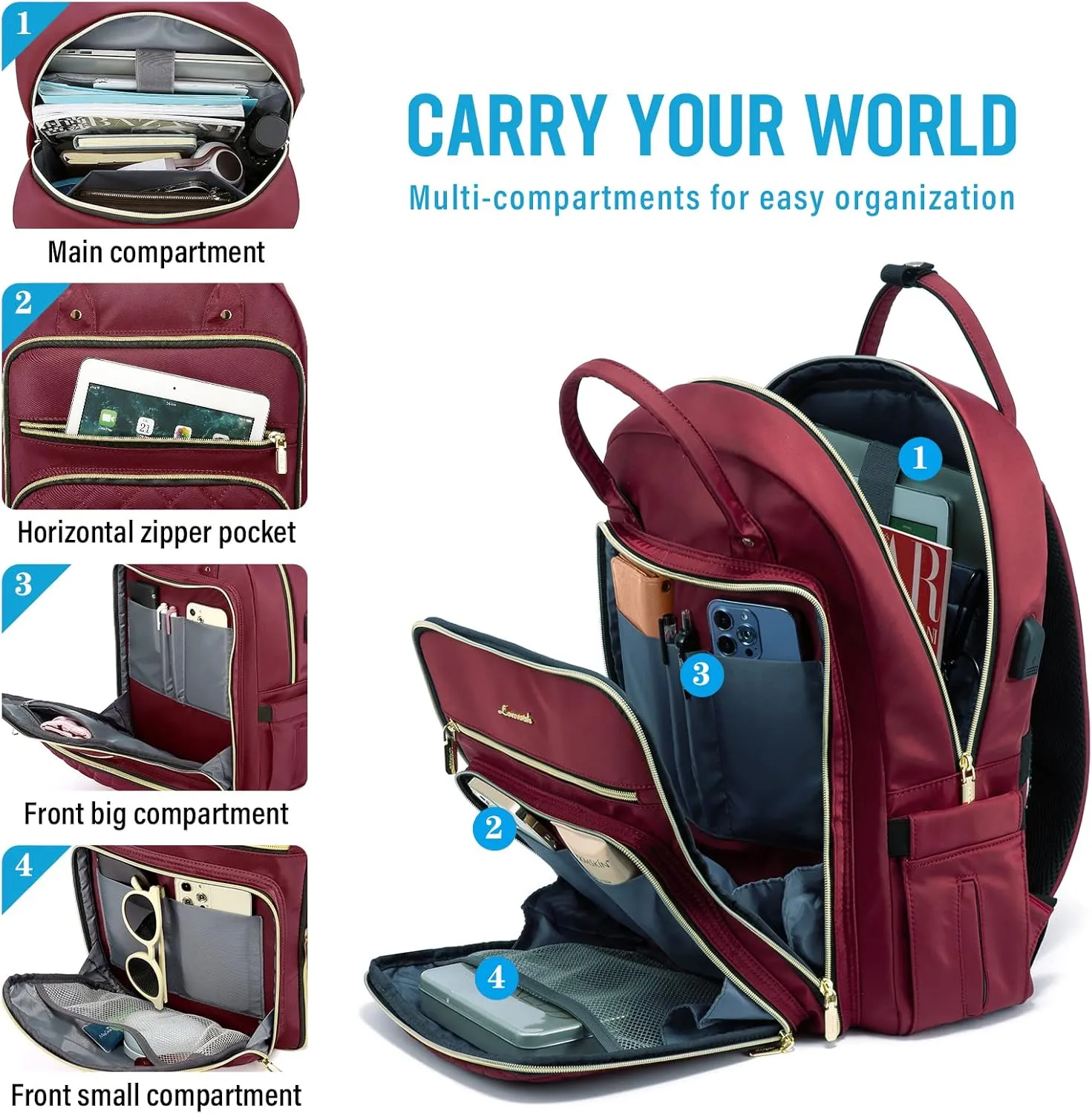 LOVEVOOK Laptop Backpack for Women, Water Resistant Travel Work Backpacks Purse Stylish Business Teacher Nurse Computer Bag with USB Charging Port, Fits 15.6" Laptop