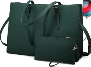 LOVEVOOK Laptop Bag for Women, Fashion Computer Tote Bag Large Capacity Handbag, Leather Shoulder Bag Purse Set, Professional Business Work Briefcase for Office Lady, 2PCs, 15.6-Inch, Deepgreen