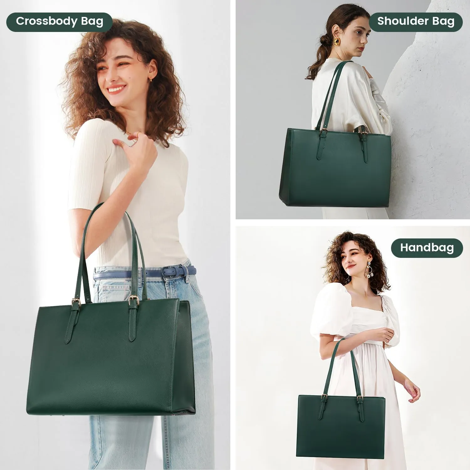 LOVEVOOK Laptop Bag for Women, Fashion Computer Tote Bag Large Capacity Handbag, Leather Shoulder Bag Purse Set, Professional Business Work Briefcase for Office Lady, 2PCs, 15.6-Inch, Deepgreen