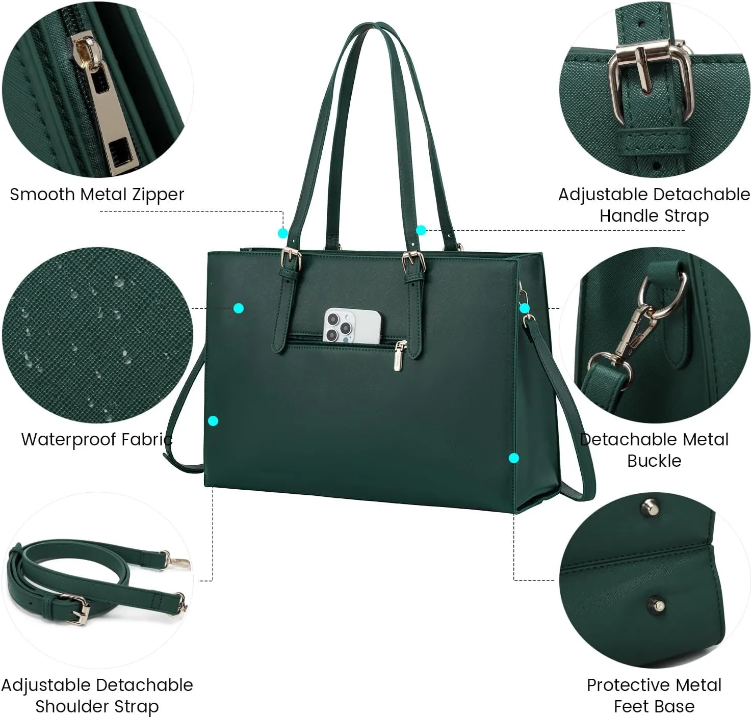 LOVEVOOK Laptop Bag for Women, Fashion Computer Tote Bag Large Capacity Handbag, Leather Shoulder Bag Purse Set, Professional Business Work Briefcase for Office Lady, 2PCs, 15.6-Inch, Deepgreen