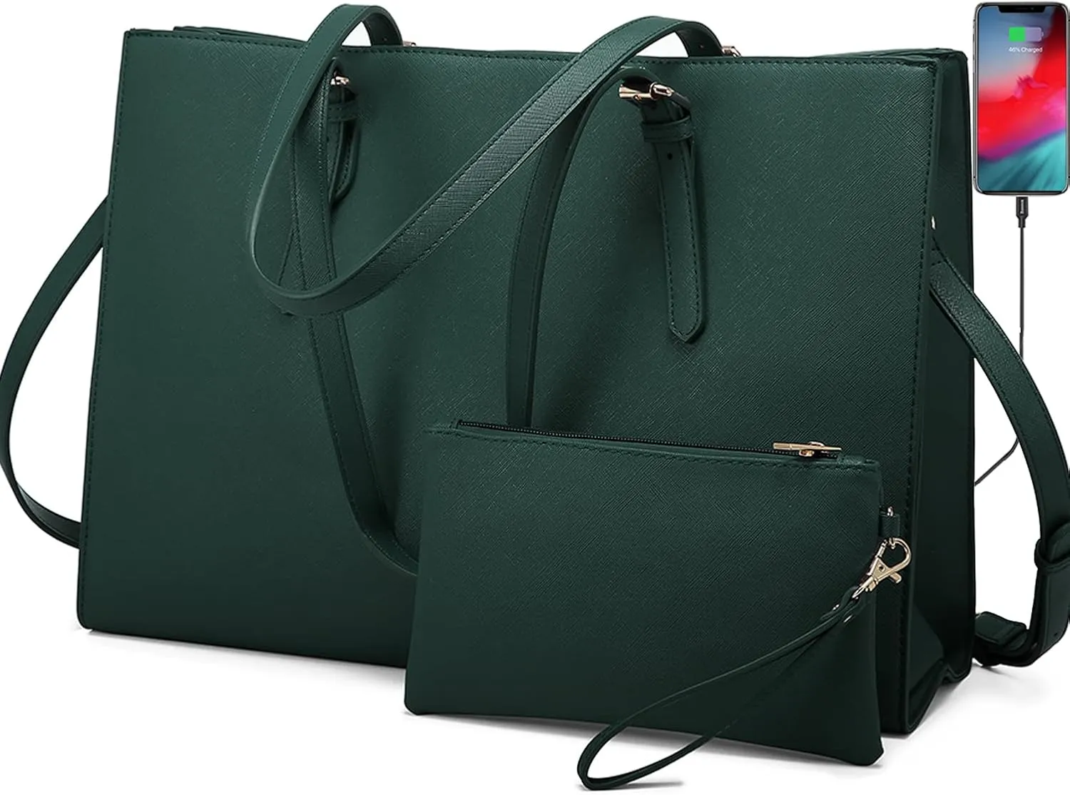 LOVEVOOK Laptop Bag for Women, Fashion Computer Tote Bag Large Capacity Handbag, Leather Shoulder Bag Purse Set, Professional Business Work Briefcase for Office Lady, 2PCs, 15.6-Inch, Deepgreen