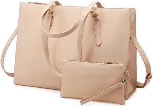 LOVEVOOK Laptop Bag for Women, Fashion Computer Tote Bag Large Capacity Handbag, Leather Shoulder Bag Purse Set, Professional Business Work Briefcase for Office Lady, 2PCs, 15.6-Inch, Nude Pink