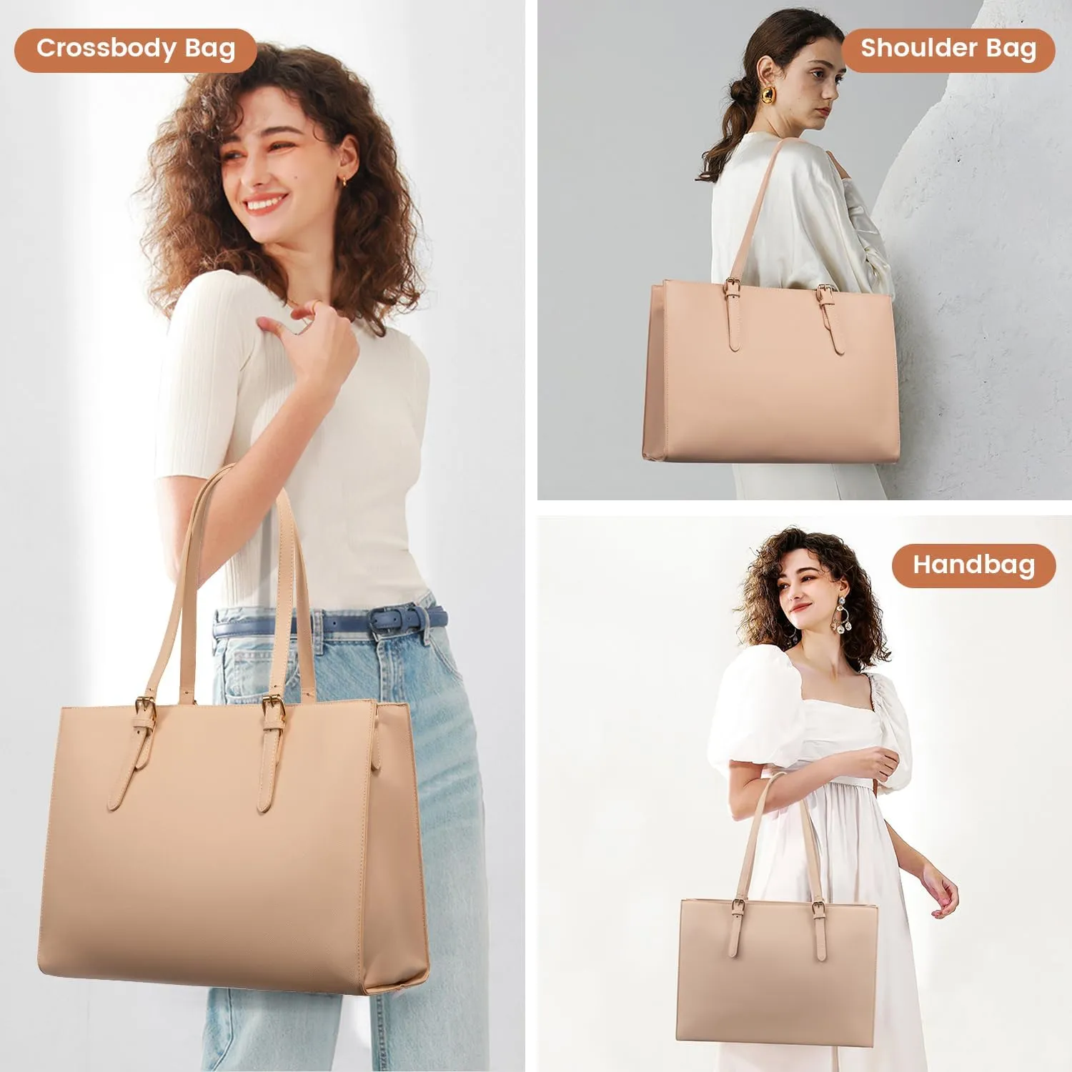 LOVEVOOK Laptop Bag for Women, Fashion Computer Tote Bag Large Capacity Handbag, Leather Shoulder Bag Purse Set, Professional Business Work Briefcase for Office Lady, 2PCs, 15.6-Inch, Nude Pink