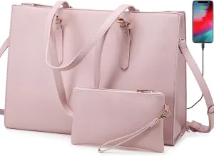 LOVEVOOK Laptop Bag for Women, Fashion Computer Tote Large Capacity Handbag, Leather Shoulder Bag Purse Set, Professional Business Work Briefcase for Office Lady, 2PCs, 15.6-Inch, Pink