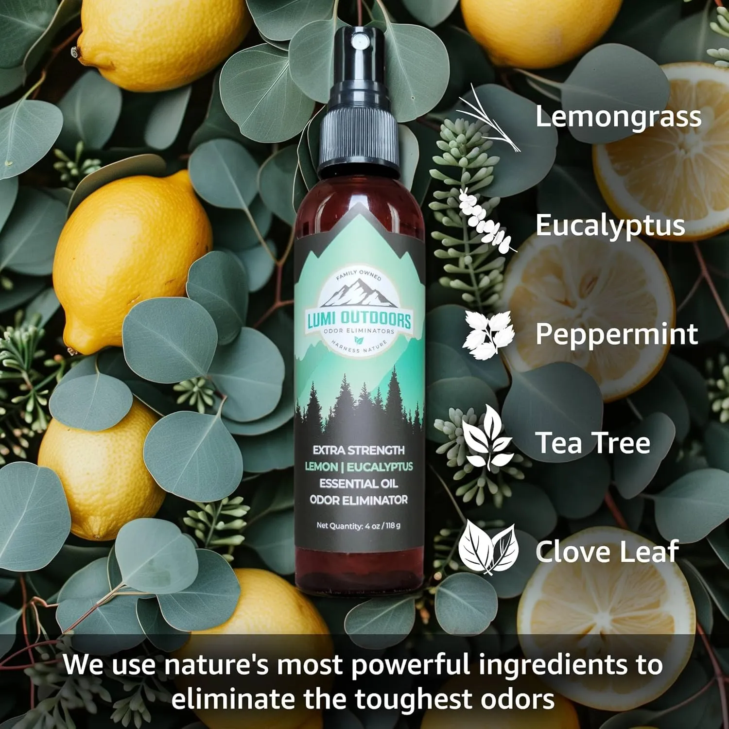 Lumi Outdoors Natural Shoe Deodorizer & Foot Odor Elimination Spray - Shoe Spray for Smelly Shoes - Extra Strength - Eucalyptus Lemongrass