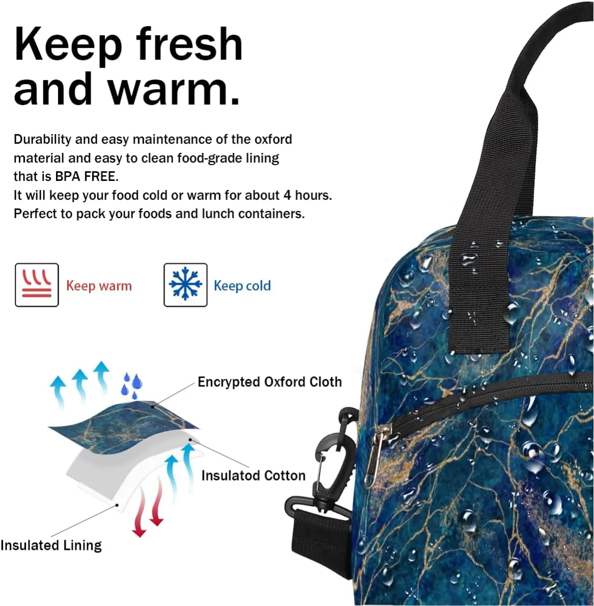 Lunch Bag for Women Men Granite Reusable Durable Insulated Lunch Box for Work Office Picnic Beach Hiking Lunch Tote Bag with Adjustable Shoulder Strap