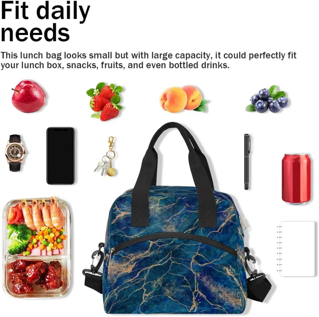 Lunch Bag for Women Men Granite Reusable Durable Insulated Lunch Box for Work Office Picnic Beach Hiking Lunch Tote Bag with Adjustable Shoulder Strap