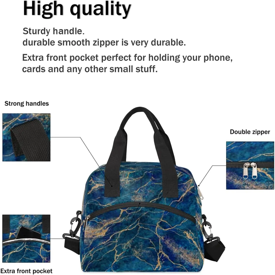 Lunch Bag for Women Men Granite Reusable Durable Insulated Lunch Box for Work Office Picnic Beach Hiking Lunch Tote Bag with Adjustable Shoulder Strap