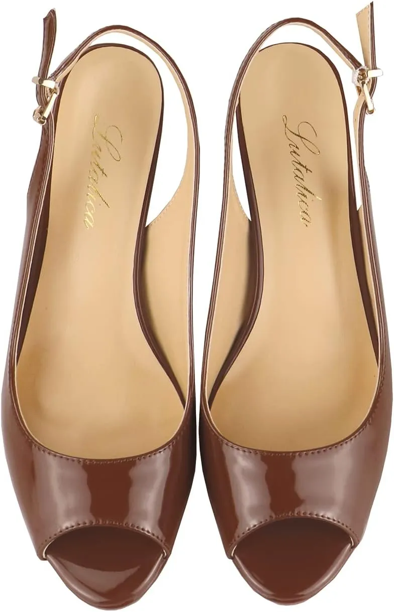 Lutalica W Women's Patent Leather Comfort Platform High Heel Slingback Sandals Sexy Peep Toe Stiletto High Heel Pumps