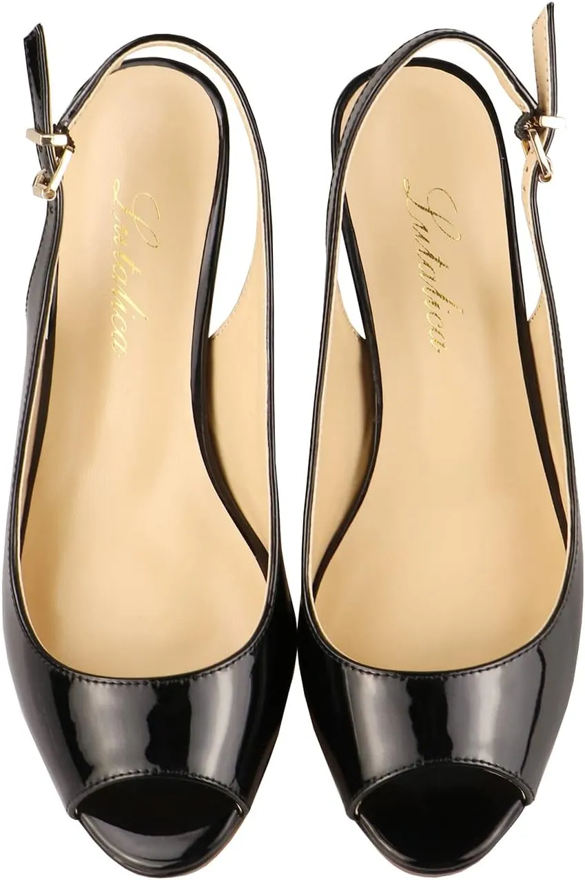 Lutalica W Women's Patent Leather Comfort Platform High Heel Slingback Sandals Sexy Peep Toe Stiletto High Heel Pumps
