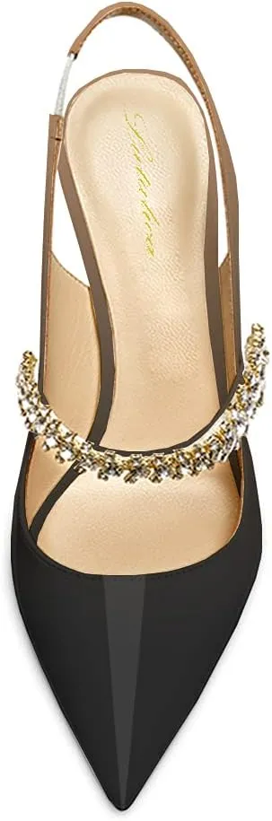 Lutalica W Women's Patent Leather Pointed Toe Glitter Crystal Strappy Mid High Heel Dress Slingback Pumps