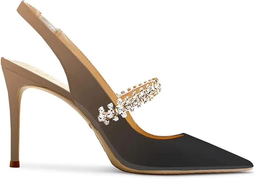 Lutalica W Women's Patent Leather Pointed Toe Glitter Crystal Strappy Mid High Heel Dress Slingback Pumps