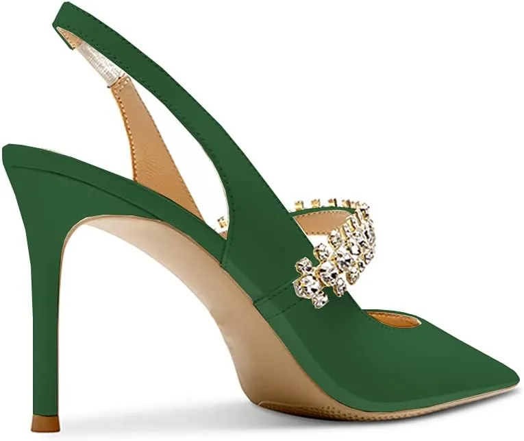 Lutalica W Women's Patent Leather Pointed Toe Glitter Crystal Strappy Mid High Heel Dress Slingback Pumps