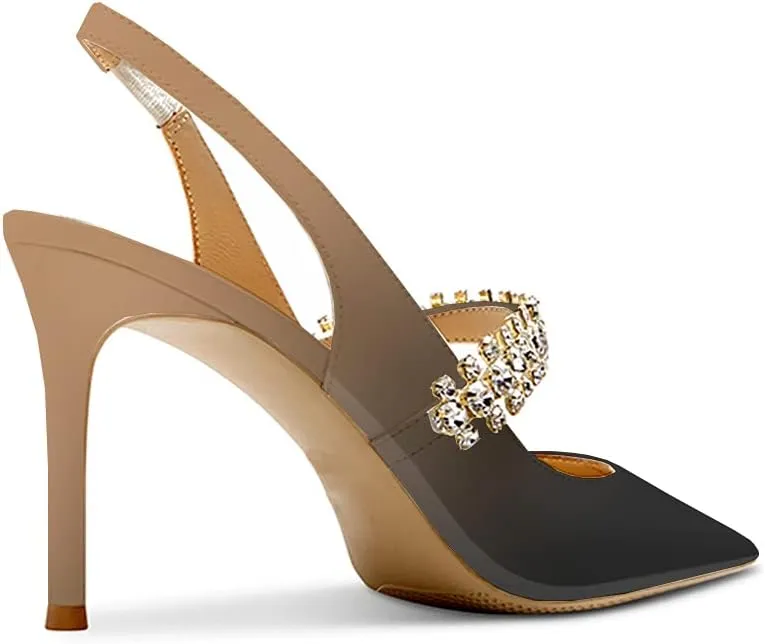 Lutalica W Women's Patent Leather Pointed Toe Glitter Crystal Strappy Mid High Heel Dress Slingback Pumps